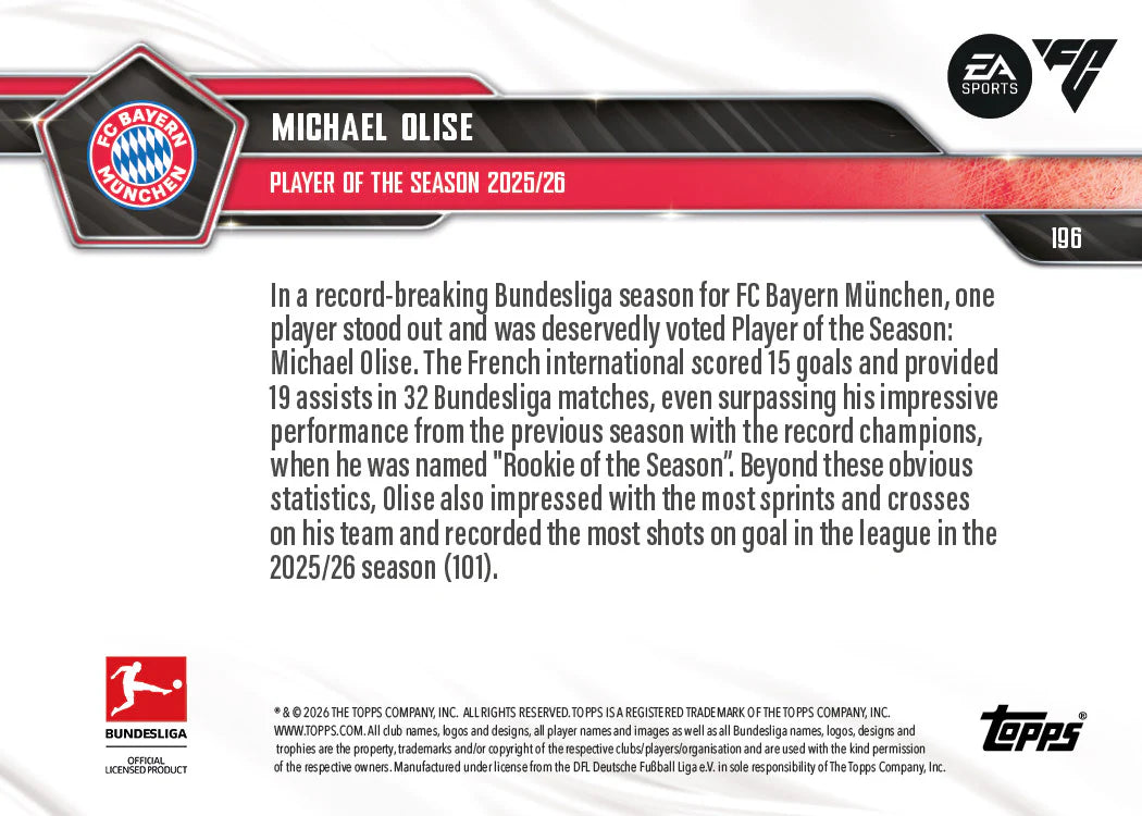 [5/26限時預購] Michael Olise  2025-26 Bundesliga Topps NOW® - Card 196