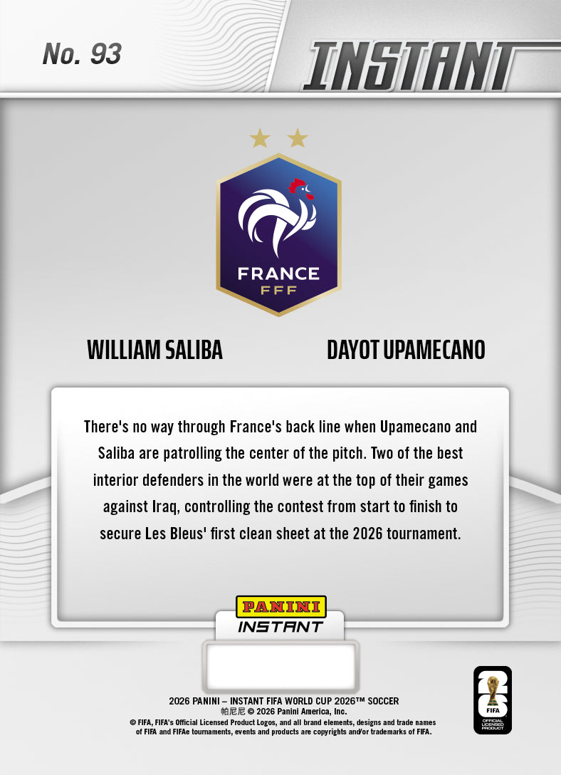 William Saliba/Dayot Upamecano - 2026 Panini Instant FIFA World Cup 2026™ #93