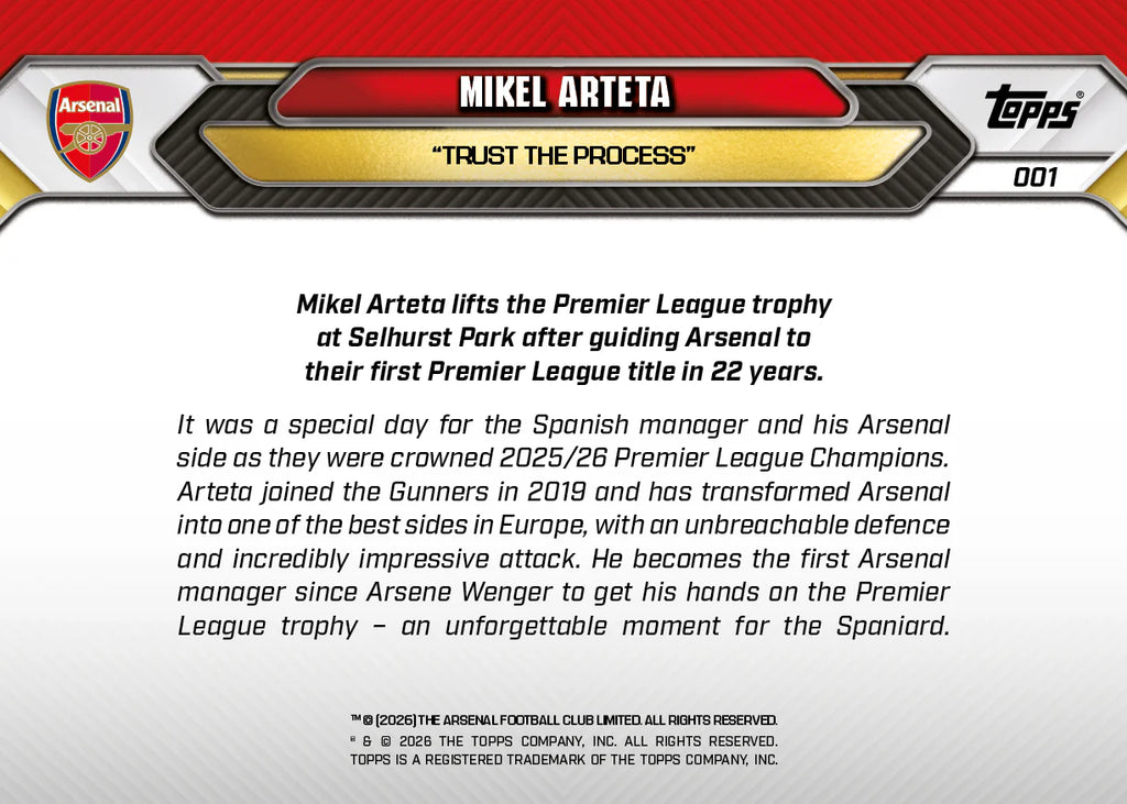 [5/31限時預購] Mikel Arteta - 2025-26 Arsenal FC Topps NOW® - Card 1