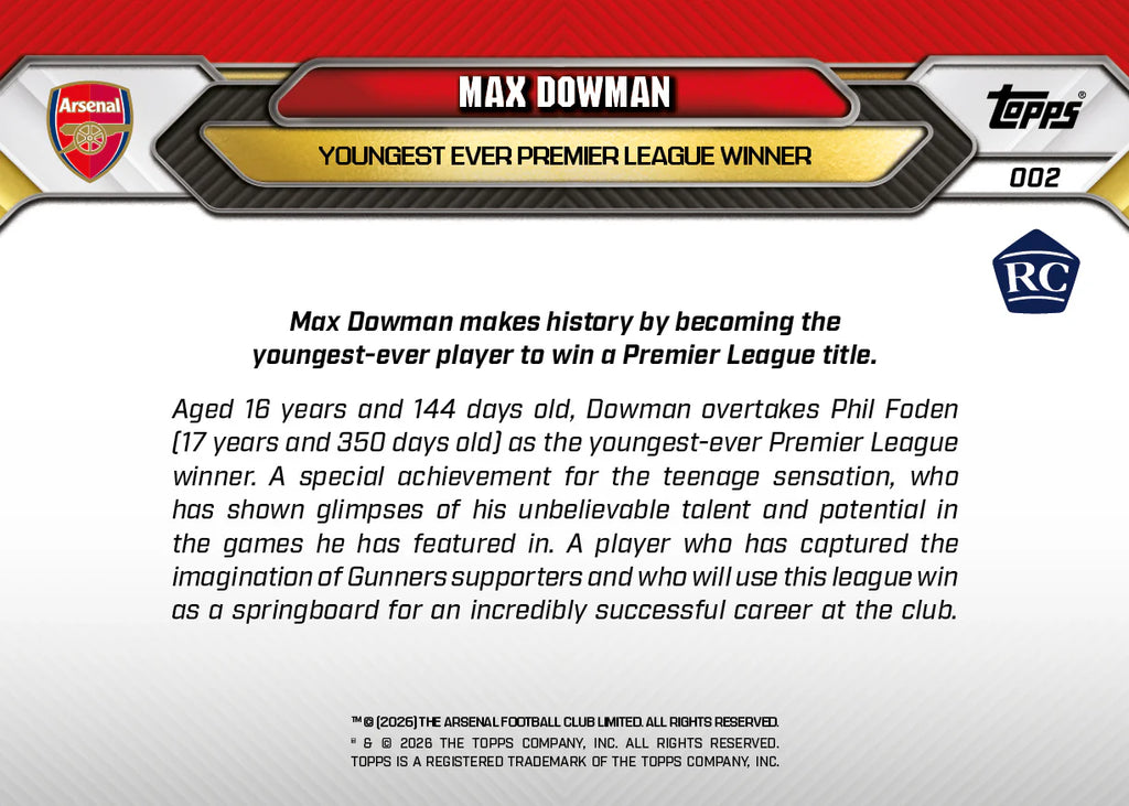 [5/31限時預購] Max Dowman - 2025-26 Arsenal FC Topps NOW® - Card 2