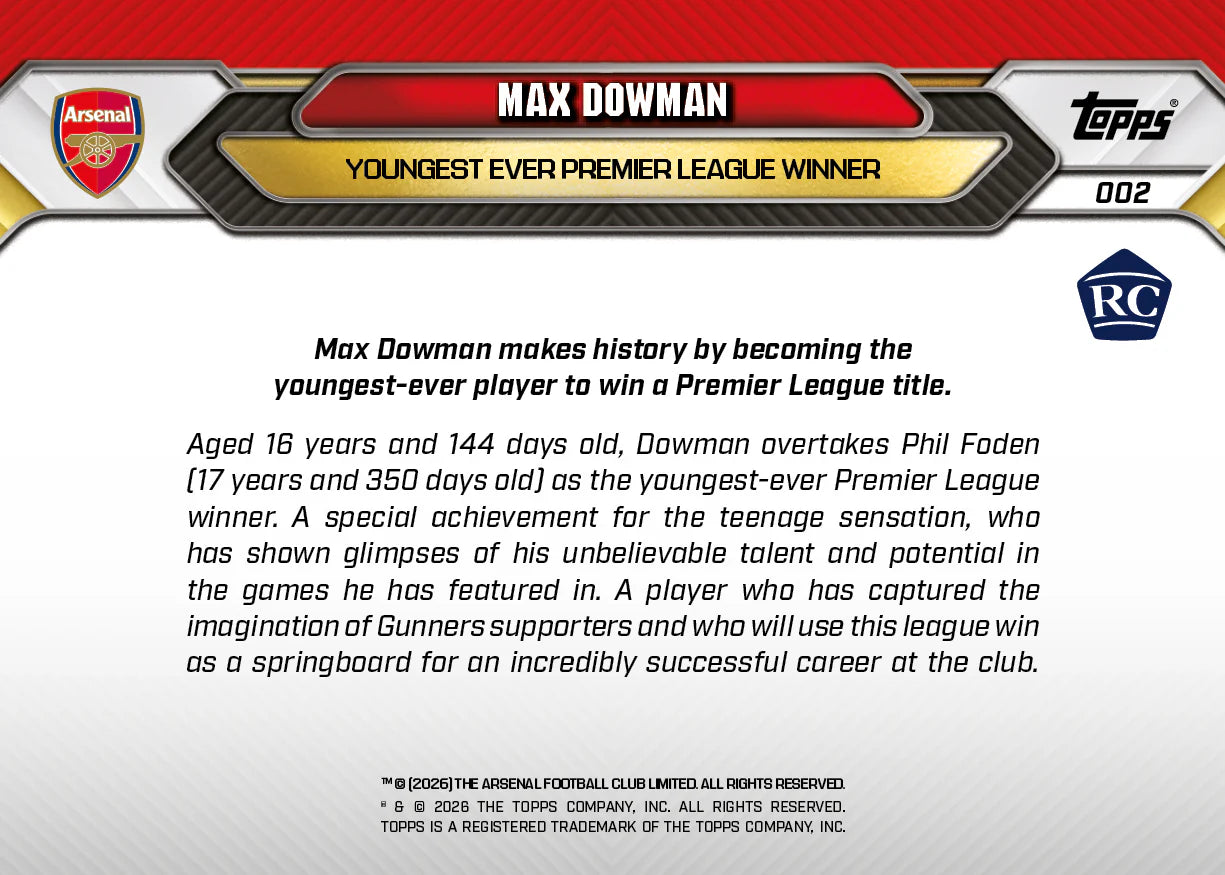 [5/31限時預購] Max Dowman - 2025-26 Arsenal FC Topps NOW® - Card 2