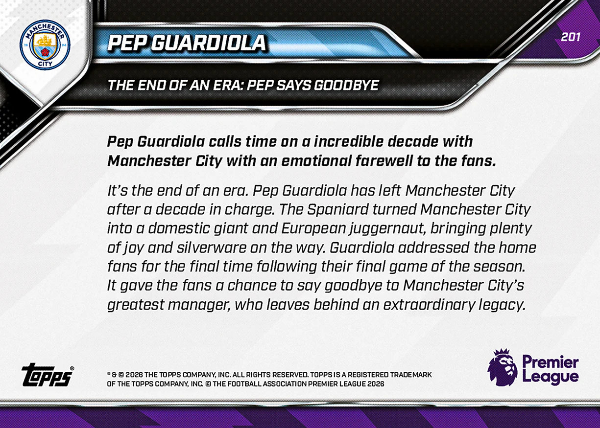 [6/2限時預購] Pep Guardiola - 2025-26 Premier League Topps NOW® - Card 201