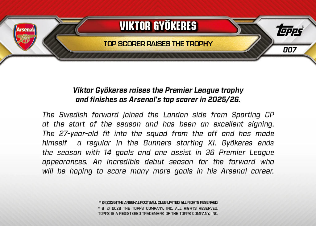 [5/31限時預購] Viktor Gyökeres - 2025-26 Arsenal FC Topps NOW® - Card 3