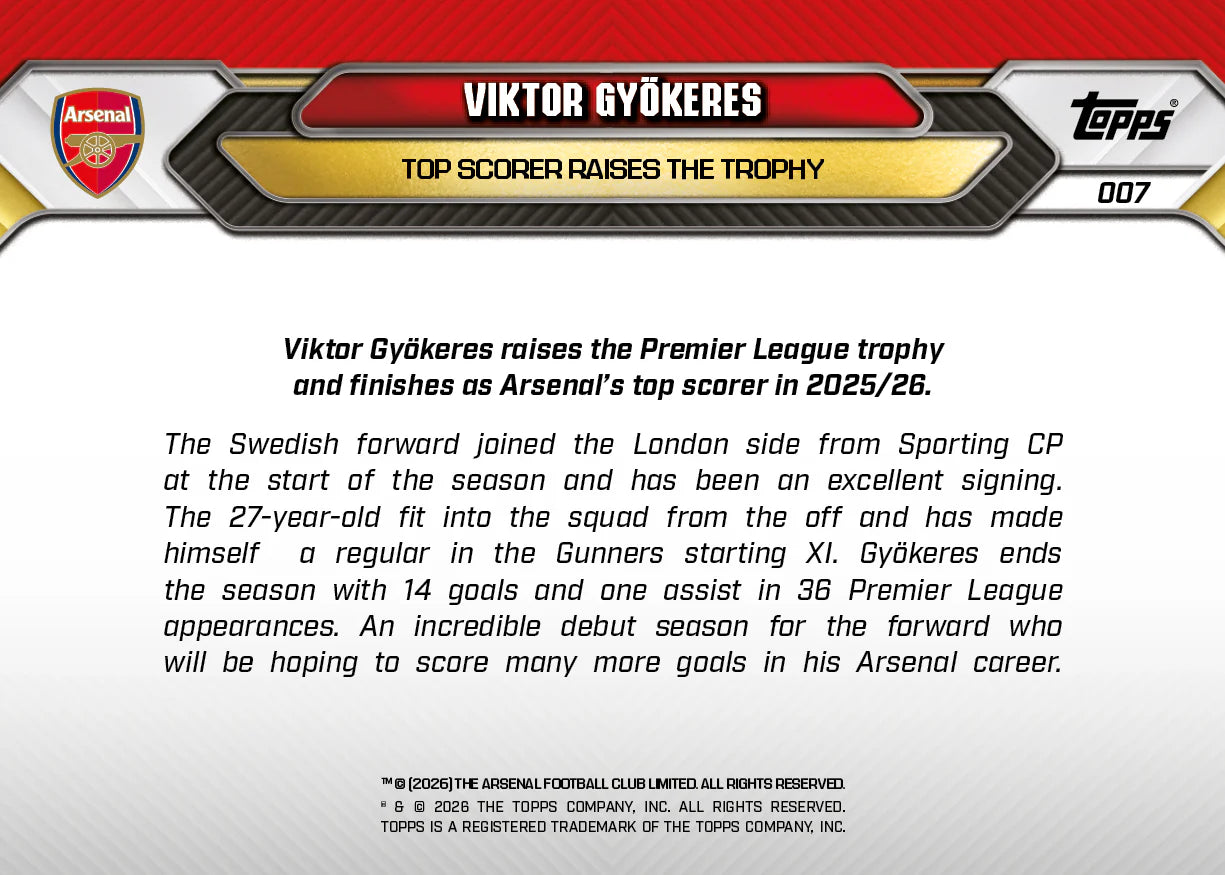[5/31限時預購] Viktor Gyökeres - 2025-26 Arsenal FC Topps NOW® - Card 3