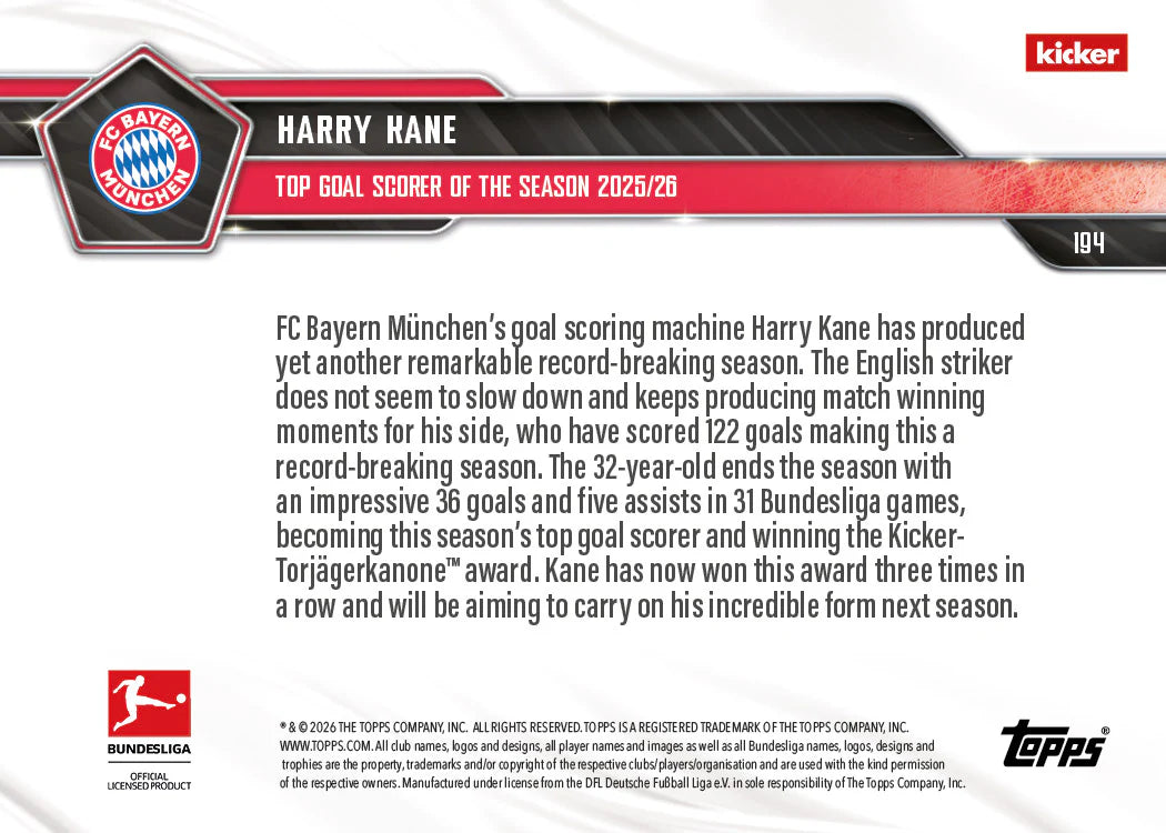 [5/26限時預購] Harry Kane 2025-26 Bundesliga Topps NOW® - Card 194